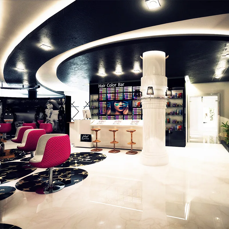 Luxury Black Salon Interior with Pink Styling Chairs_03