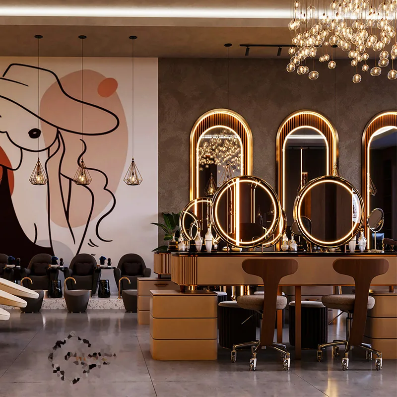 Luxury Salon Interior with Gold Arched Styling Stations_06