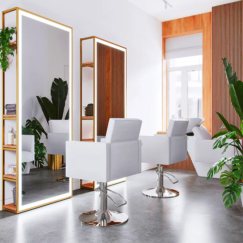 Postazione styling salone minimal con specchio incorniciato in legno e sedia bianca_01