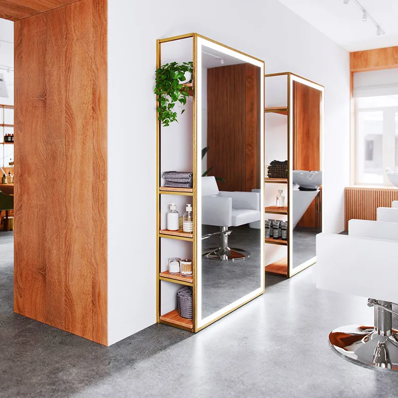 Station de coiffure minimaliste avec miroir encadré de bois et chaise blanche_02
