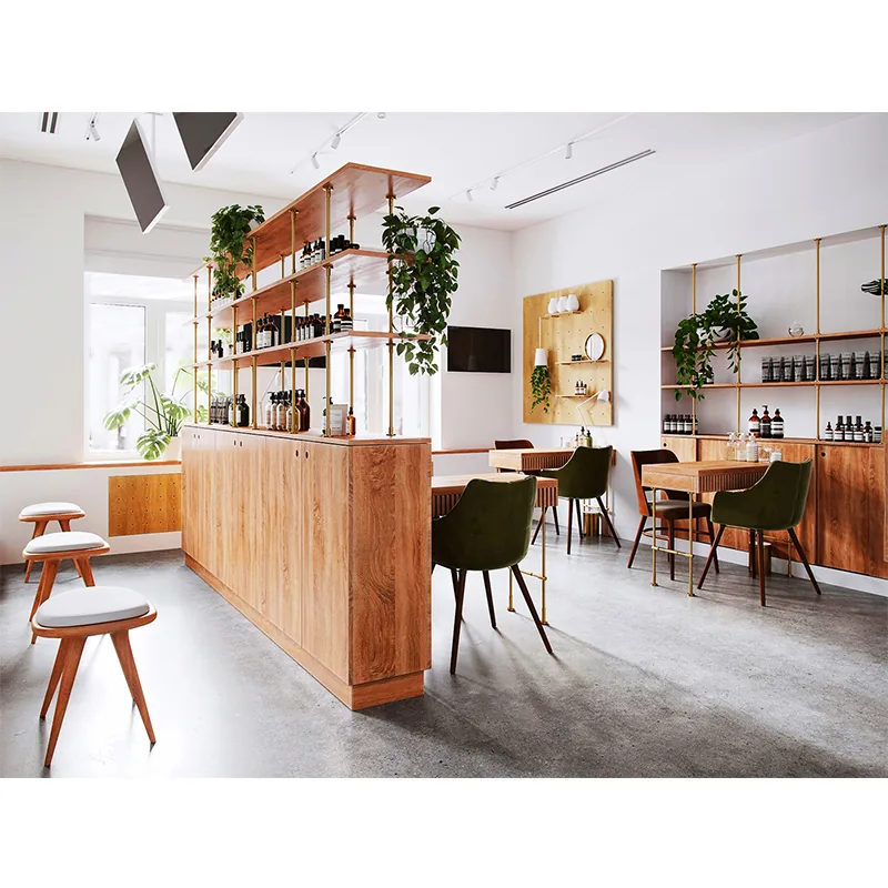 Station de coiffure minimaliste avec miroir encadré de bois et chaise blanche_04