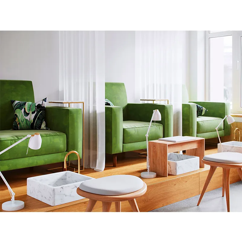 Station de coiffure minimaliste avec miroir encadré de bois et chaise blanche_05