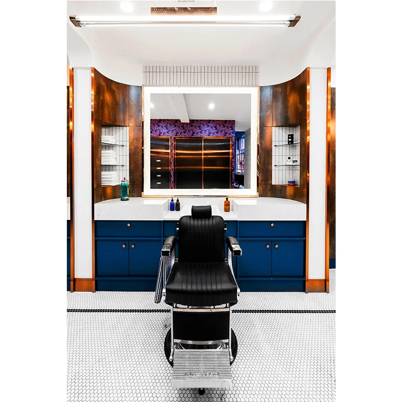 Postazione Moderna per Parrucchiere con Mobili Blu e Specchi Alti_03