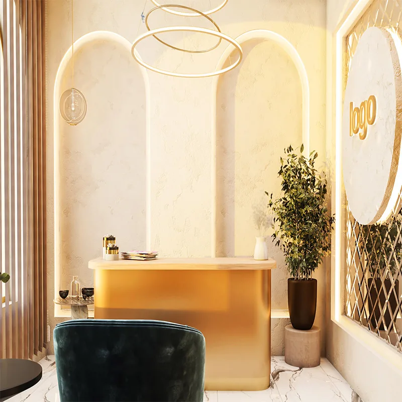 Mur de coiffure moderne beige pour salon avec miroirs arqués et sièges bleus_02