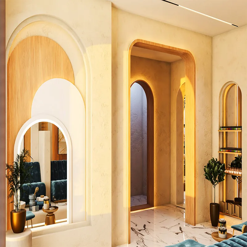 Mur de coiffure moderne beige pour salon avec miroirs arqués et sièges bleus_03