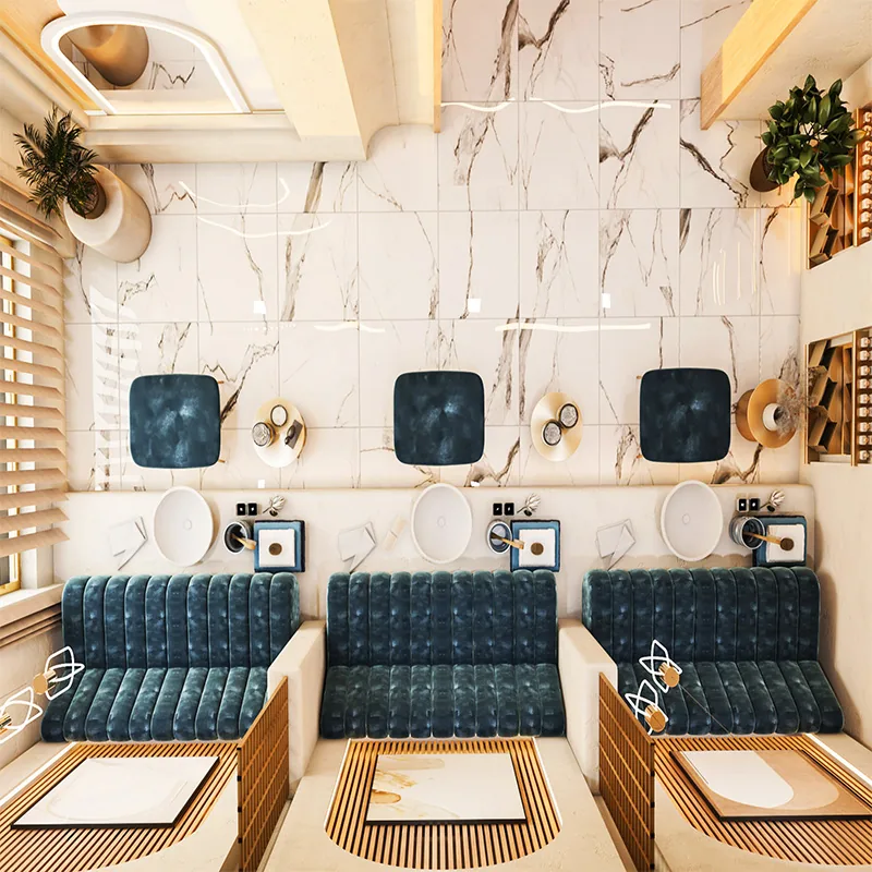Mur de coiffure moderne beige pour salon avec miroirs arqués et sièges bleus_04