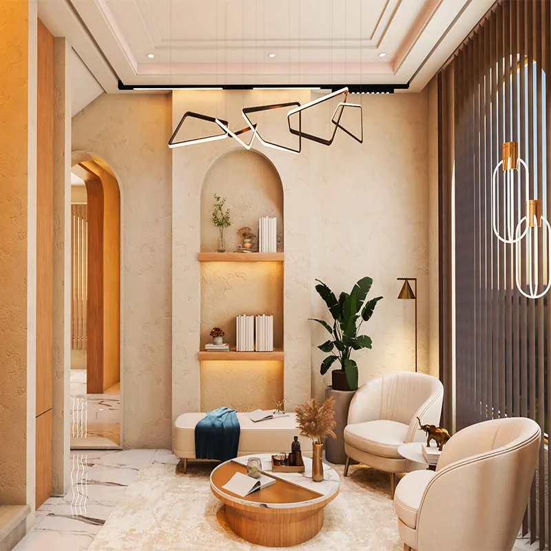 Mur de coiffure moderne beige pour salon avec miroirs arqués et sièges bleus_05
