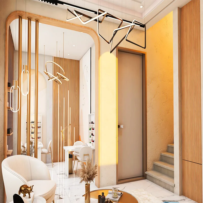 Mur de coiffure moderne beige pour salon avec miroirs arqués et sièges bleus_06
