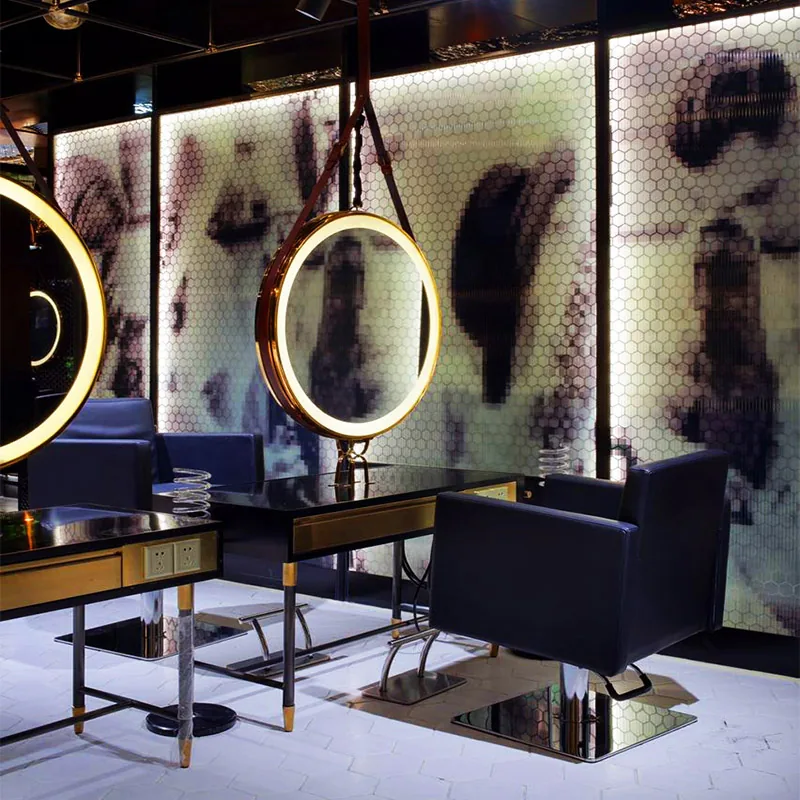 Modern Salon Interior with Circular Lighted Mirrors and Black Chairs_04