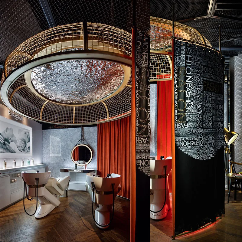 Modern Salon Interior with Circular Lighted Mirrors and Black Chairs_06