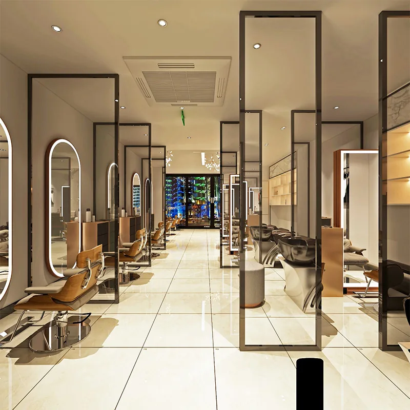 Corridoio moderno per styling in salone con specchi incorniciati in bronzo_01