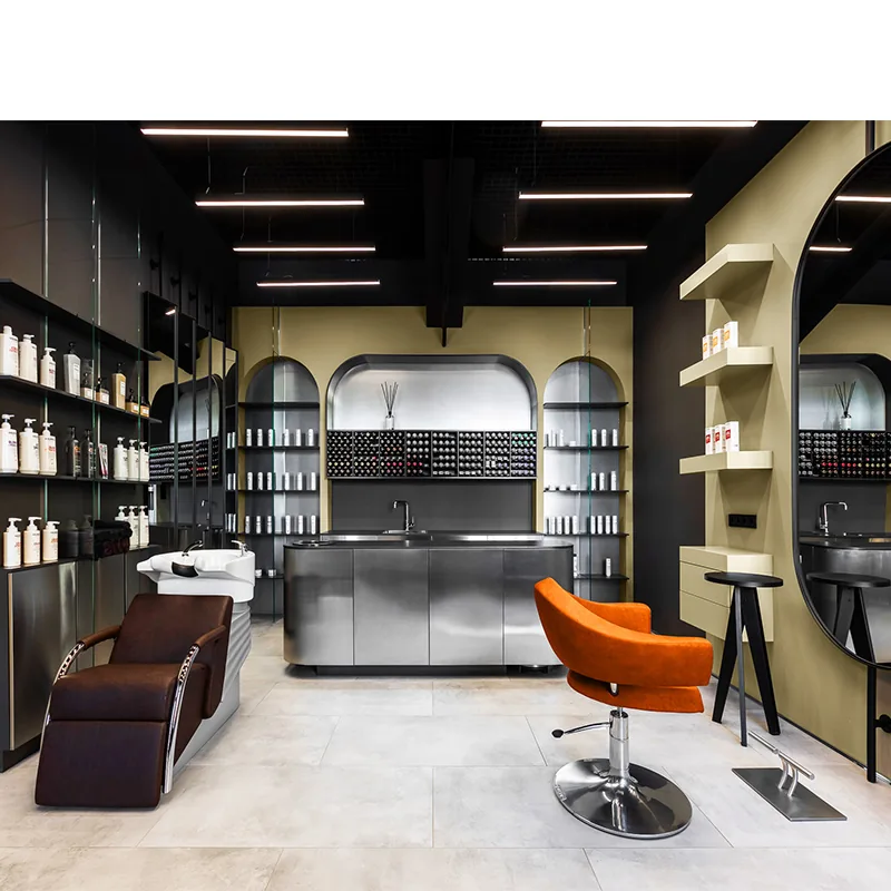 Moderna suite di styling per saloni con scaffali per la vendita al dettaglio e sedia arancione_01