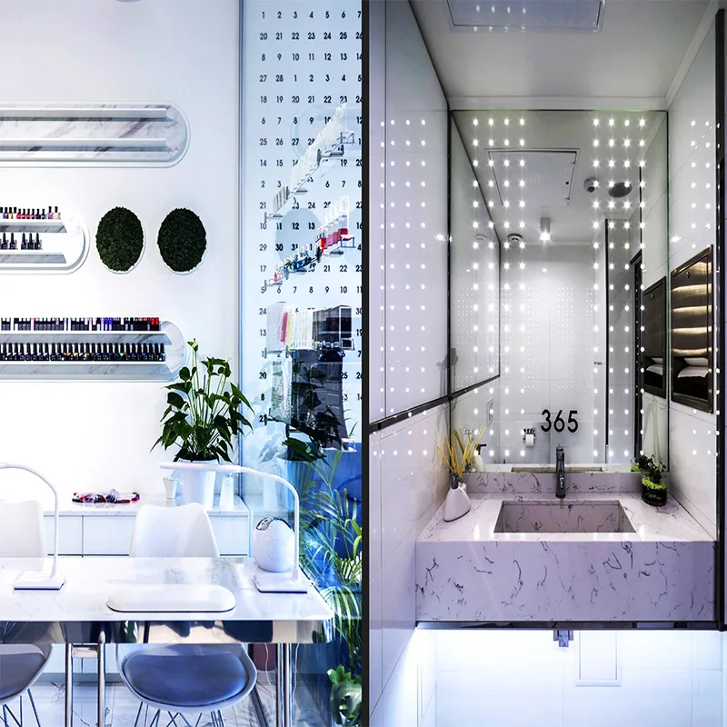 Espace de lavage moderne blanc pour salon avec fauteuils de coiffure bleus_02