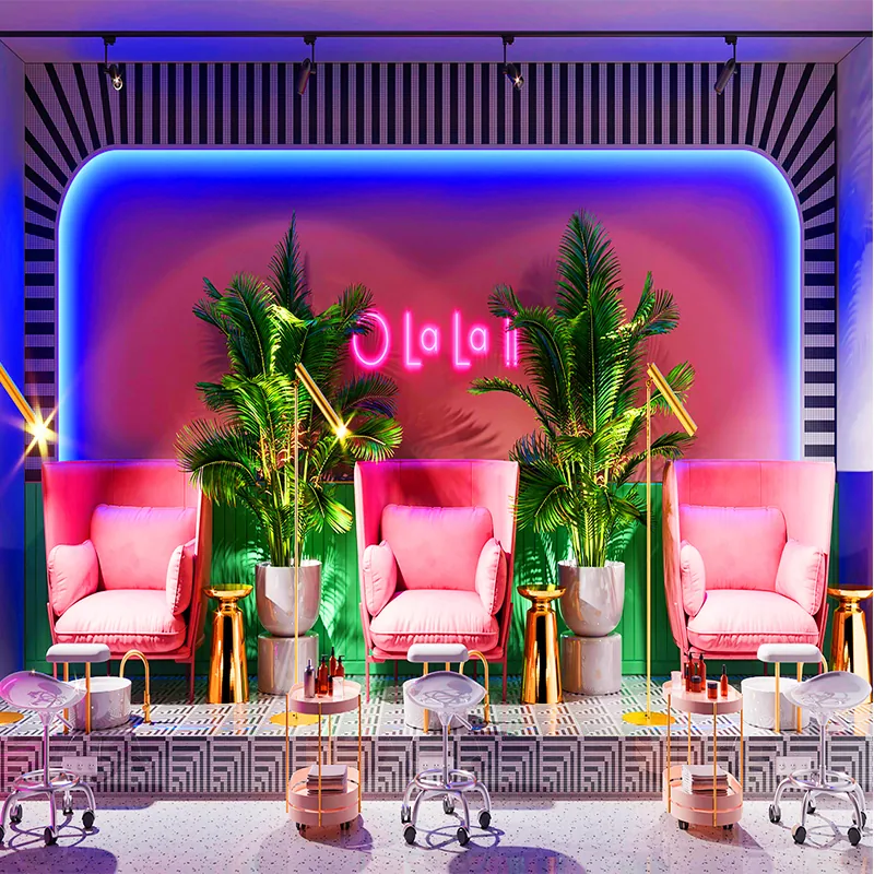 Lounge salone di bellezza neon con sedute rosa e esposizione di piante_01