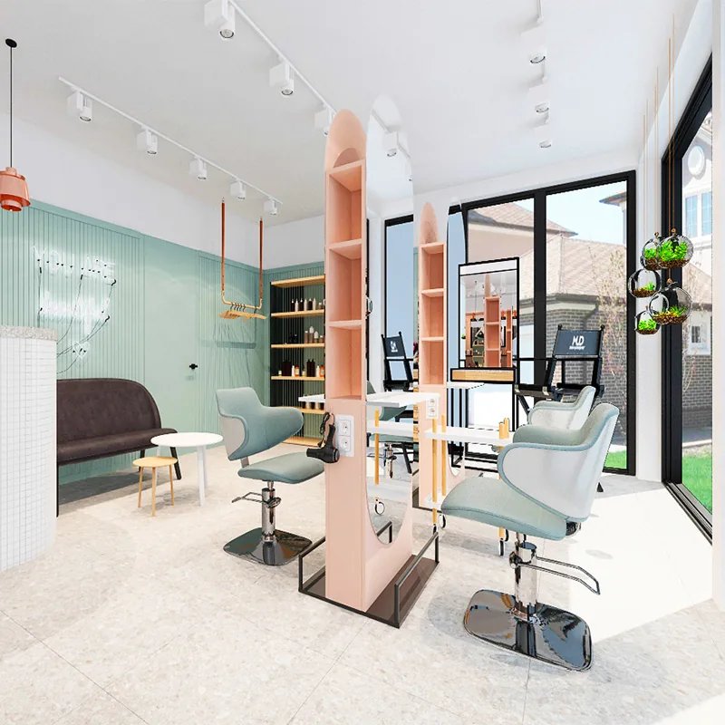 Postazione di styling per salone di bellezza pastello con scaffali per la vendita al dettaglio_01