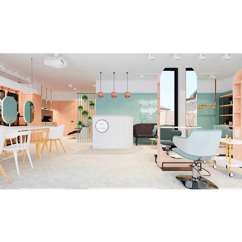 Pastell Schönheitssalon Stylingstation mit Verkaufregalen_04