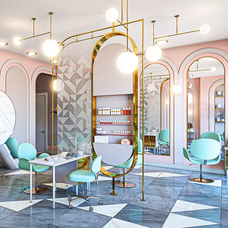 Salone di bellezza rosa pastello con specchi ad arco e sedie color menta_01