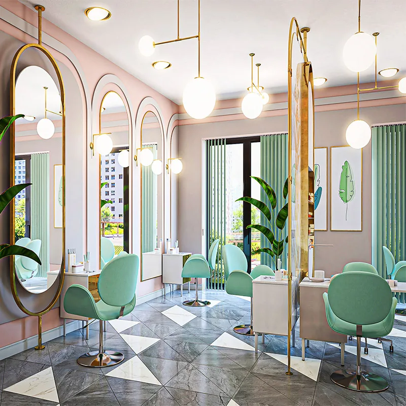 Pastellrosa Schönheitssalon mit bogenförmigen Spiegeln und mintfarbenen Stühlen_02
