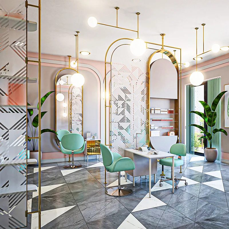 Pastellrosa Schönheitssalon mit bogenförmigen Spiegeln und mintfarbenen Stühlen_06