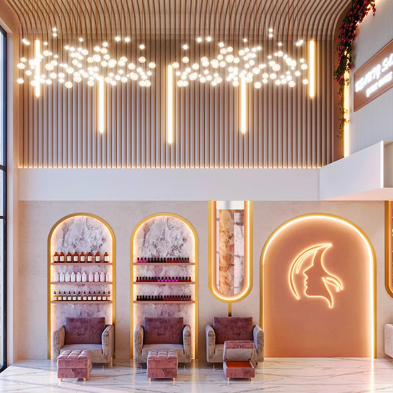 Sala de espera rosa para salón de belleza con expositores de productos arqueados_02