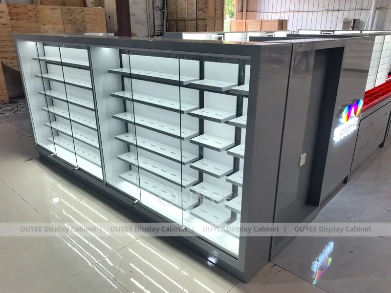 Aydınlatmalı Gözlük Teşhir Tezgahlarına Sahip Kırmızı Şeritli Optik Perakende Kiosk_05