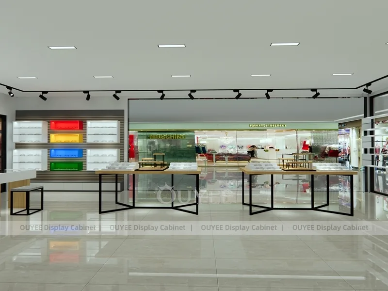 Progettazione di negozio di occhiali sportivi con espositori a parete a blocchi di colore_04