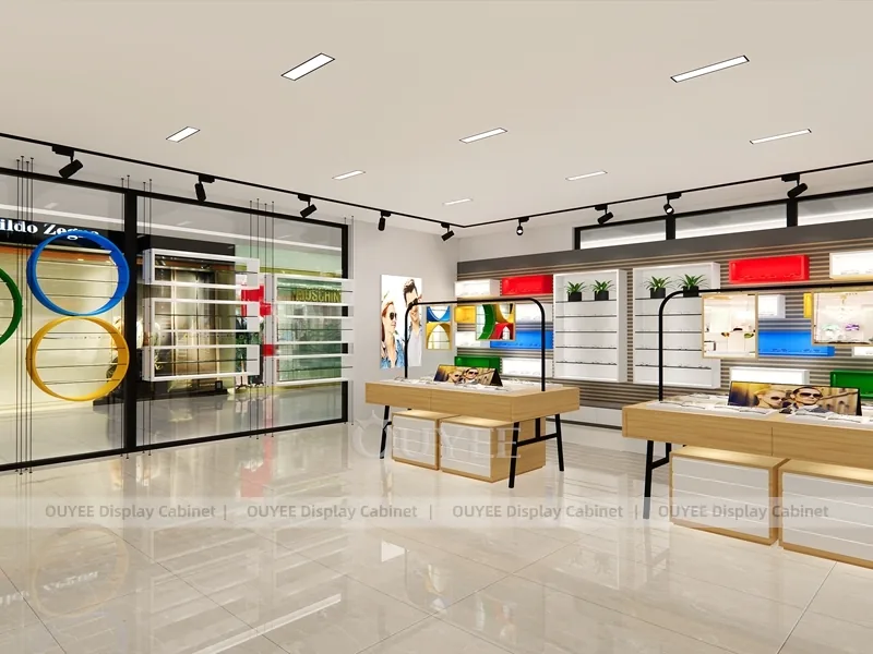Progettazione di negozio di occhiali sportivi con espositori a parete a blocchi di colore_06