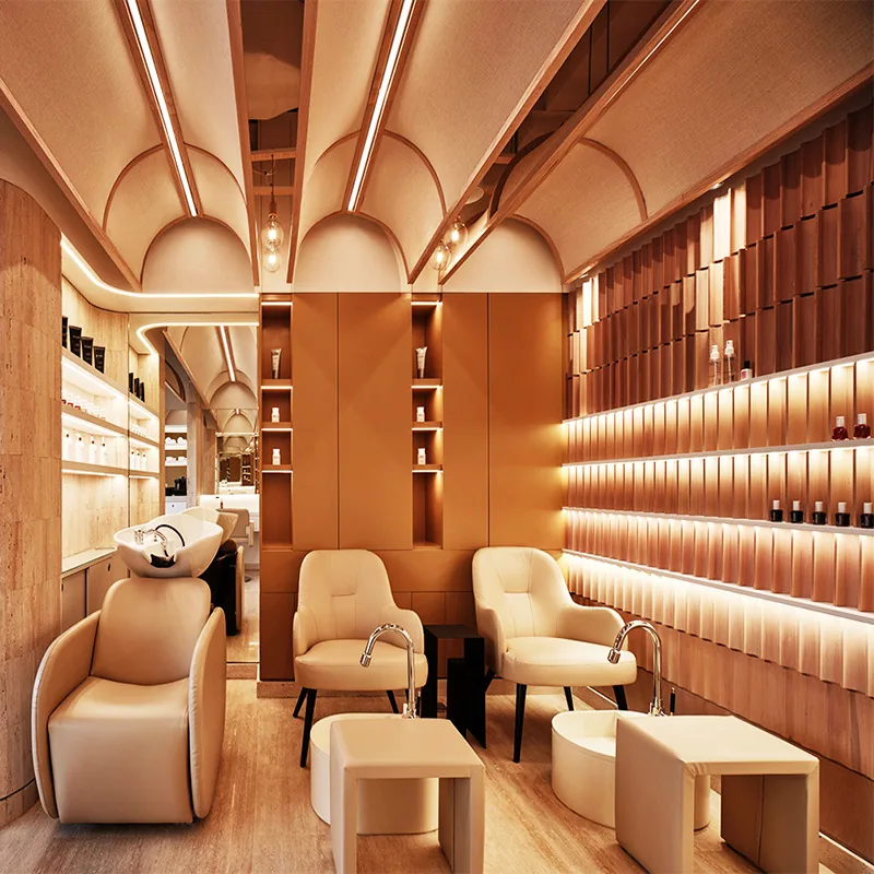 Salone di bellezza in terracotta con scaffali retail illuminati_01