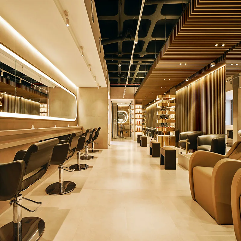 Bancone styling per saloni di parrucchieri in legno caldo con illuminazione lineare_01