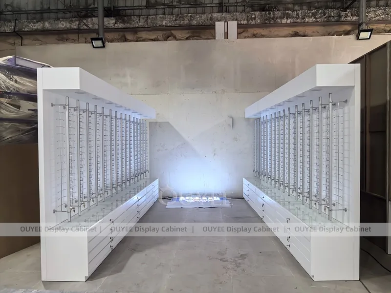 Mobile da parete bianco per esposizione occhiali con cassetto inferiore_05