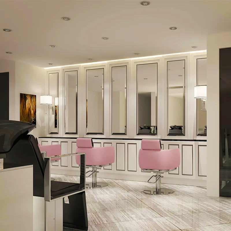 Weißes Maniküretisch-Layout für Nagelstudios mit rosa Stühlen_06