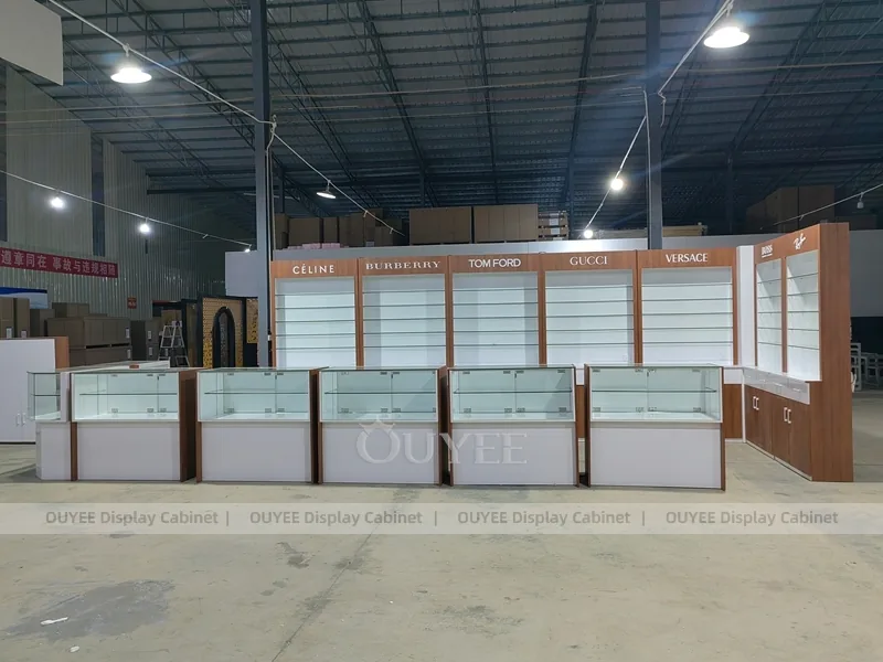White and Wood Optical Display Cabinet System with Glass Countertops_01