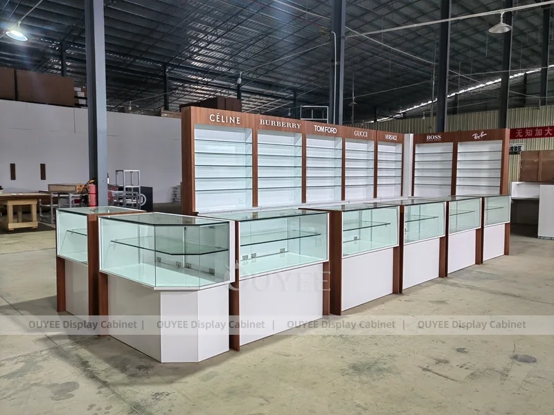White and Wood Optical Display Cabinet System with Glass Countertops_05