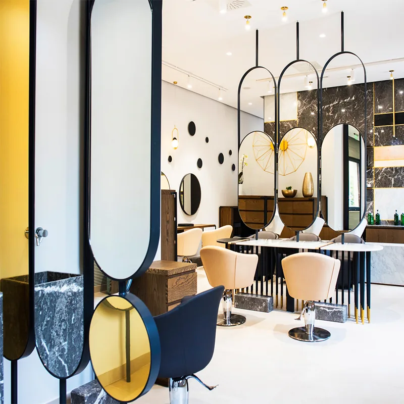 Yellow Accent Beauty Salon with Oval Mirror Styling Stations_02