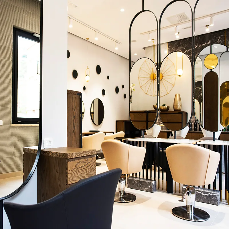 Yellow Accent Beauty Salon with Oval Mirror Styling Stations_04