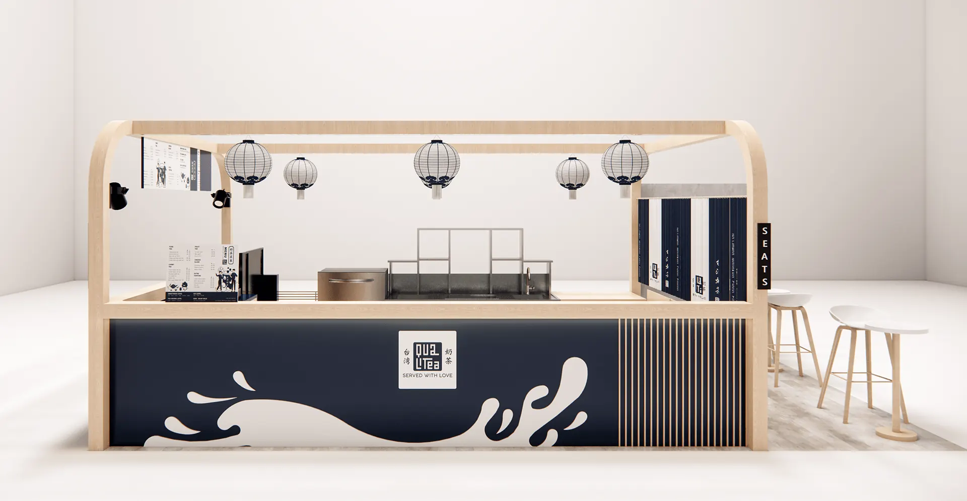 Quiosco de comida de Boba China, quiosco minorista de té de burbujas, exhibidor de té de burbujas en centros comerciales, vista 2 del quiosco de té de burbujas