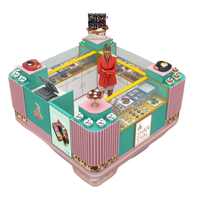 カラフルなデザートキオスク ピンク&ブルーかわいいベーカリーカウンター ドーナツディスプレイアイデア カスタムベーカリーキオスク販売用 ベーカリーキオスクビュー 3