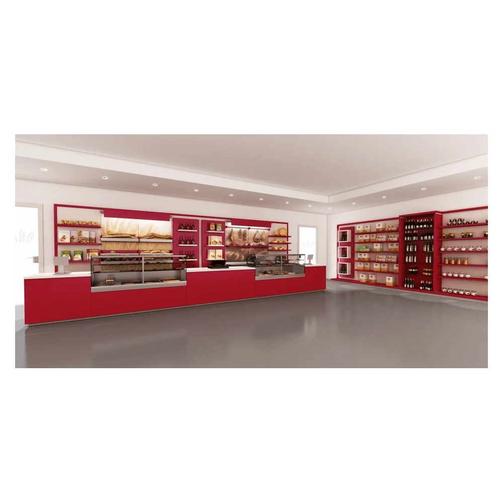 Theke mit Display-Einheit für rote Bäckereivitrine Einkaufszentrum Einzelhandelskabinet zum Verkauf Bäckerei-Kiosk Ansicht 1