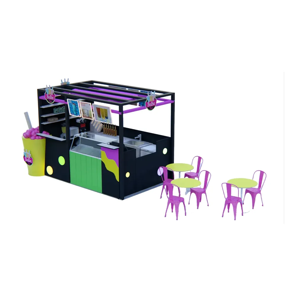 Vue 1 du kiosque de thé Boba personnalisé, comptoir de bubble tea pour centre commercial, Boba Booth
