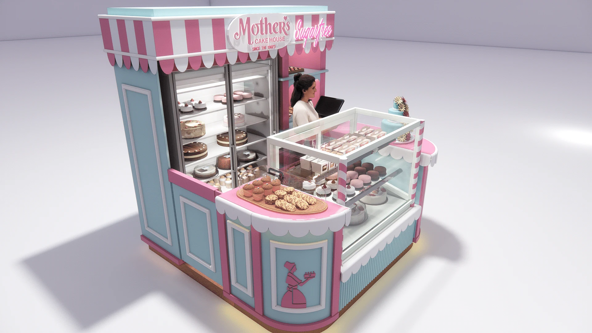 Cute Cake Display Counter Pink Cake Kiosk Custom Mall Stall Bakery Display bakery kiosk view 3