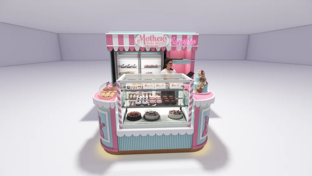 Cute Cake Display Counter Pink Cake Kiosk Custom Mall Stall Bakery Display bakery kiosk view 6