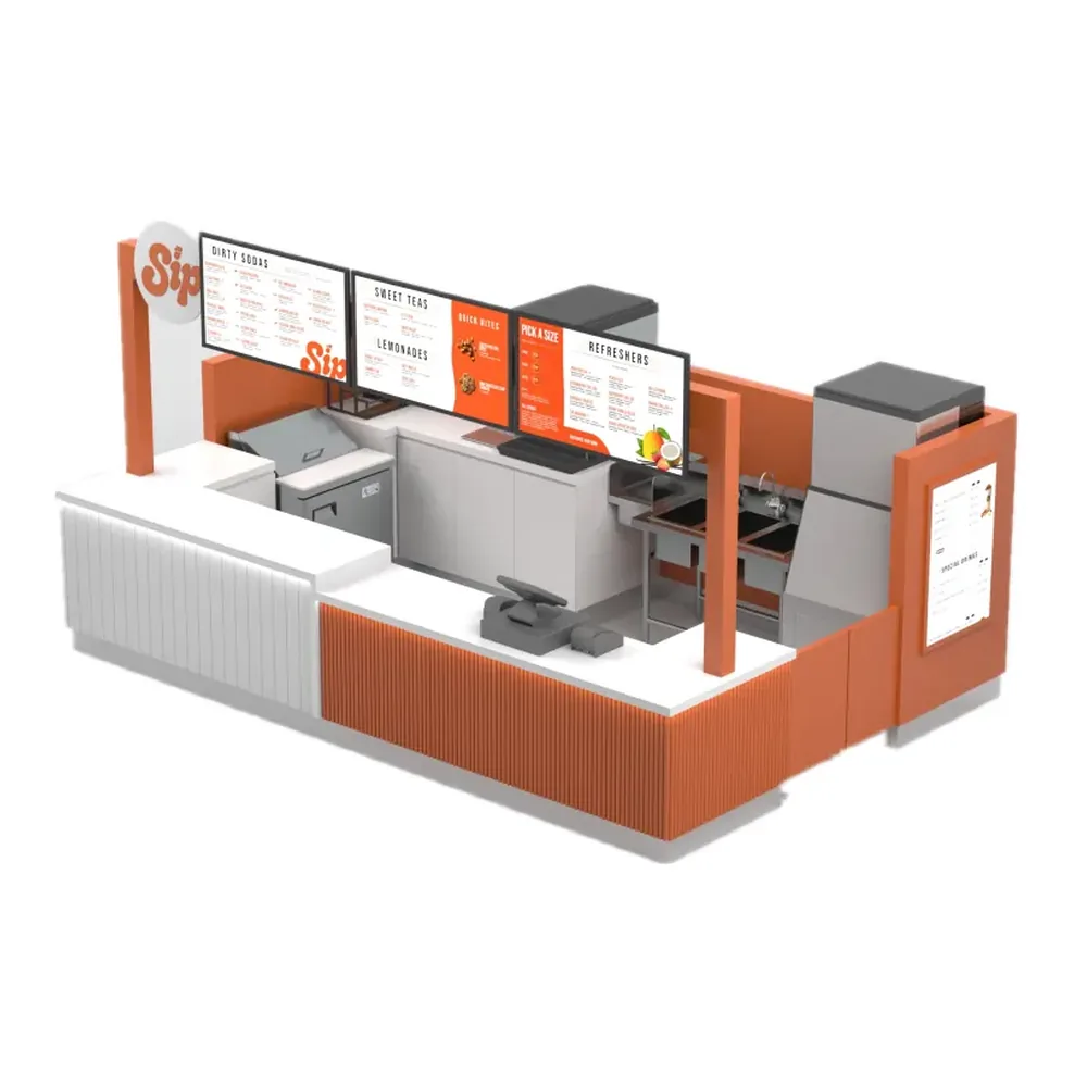 Thème énergique orange & blanc 15x10ft kiosque à jus personnalisé Bar à fruits frais Shopping mall Vue 1 du kiosque à jus