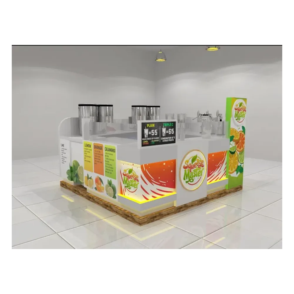 Conception de kiosque à jus Fashion Juice, charmant design de stand à jus en vente dans les centres commerciaux, vue du kiosque à jus 1