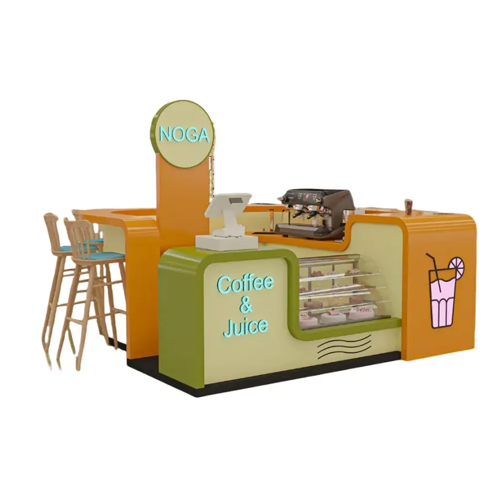 Kiosque à jus à la mode et énergique, petit comptoir de bar à jus orange et vert à vendre, vue du kiosque à jus 1