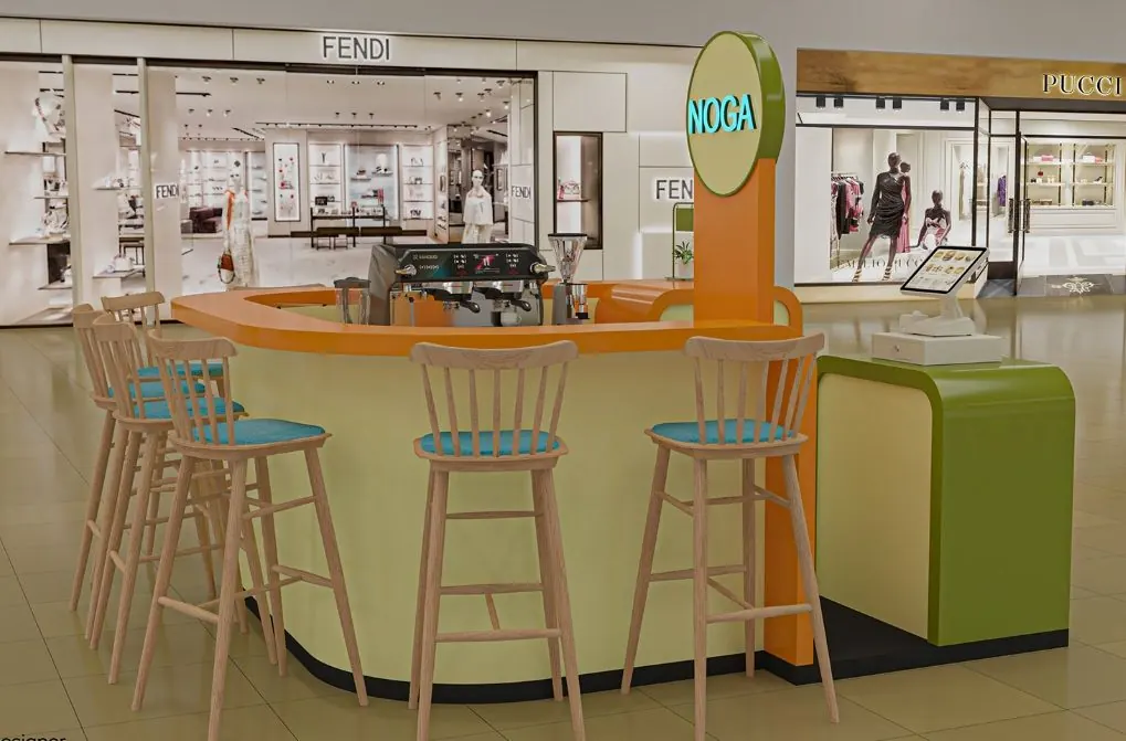 Modischer und energiegeladener Saft-Kaffee-Kiosk, kleiner orangefarbener & grüner Saftbar-Tresen zum Verkauf Saftkiosk Ansicht 3