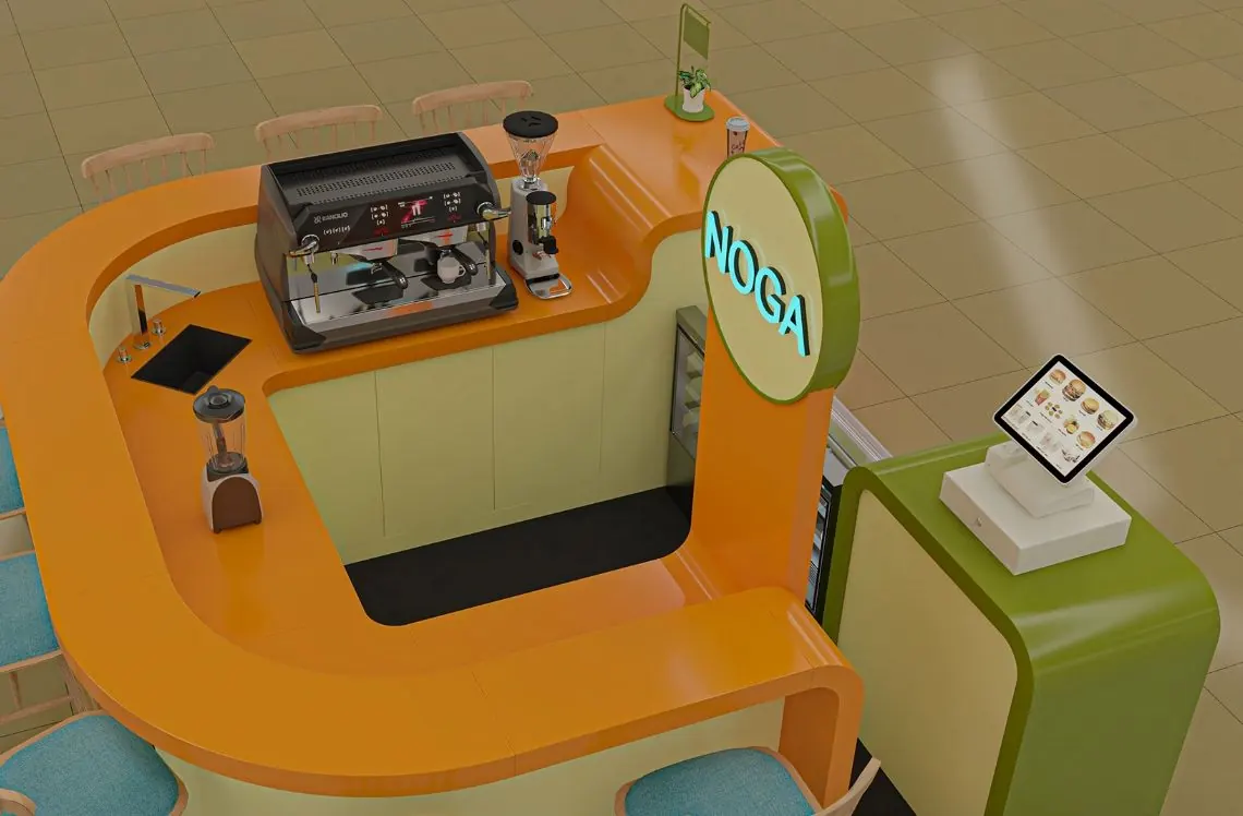 Modischer und energiegeladener Saft-Kaffee-Kiosk, kleiner orangefarbener & grüner Saftbar-Tresen zum Verkauf Saftkiosk Ansicht 5
