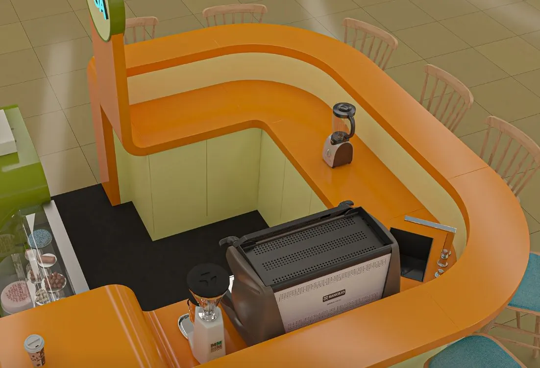 Modischer und energiegeladener Saft-Kaffee-Kiosk, kleiner orangefarbener & grüner Saftbar-Tresen zum Verkauf Saftkiosk Ansicht 6