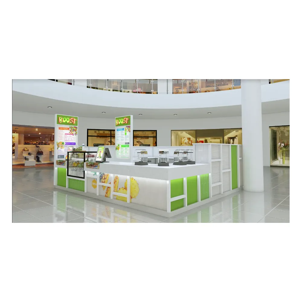 Conception de kiosque à jus vert Personnalisé pour la vente de kiosques à jus dans les centres commerciaux vue du kiosque à jus 1