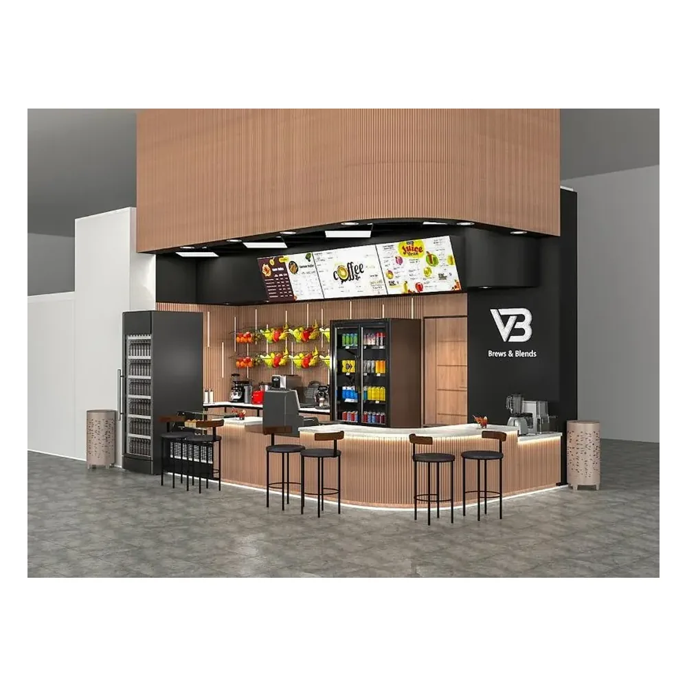 Bancone di negozio di succhi di alta gamma, personalizzato con finitura in legno, bancone da caffè in vendita, vista 1