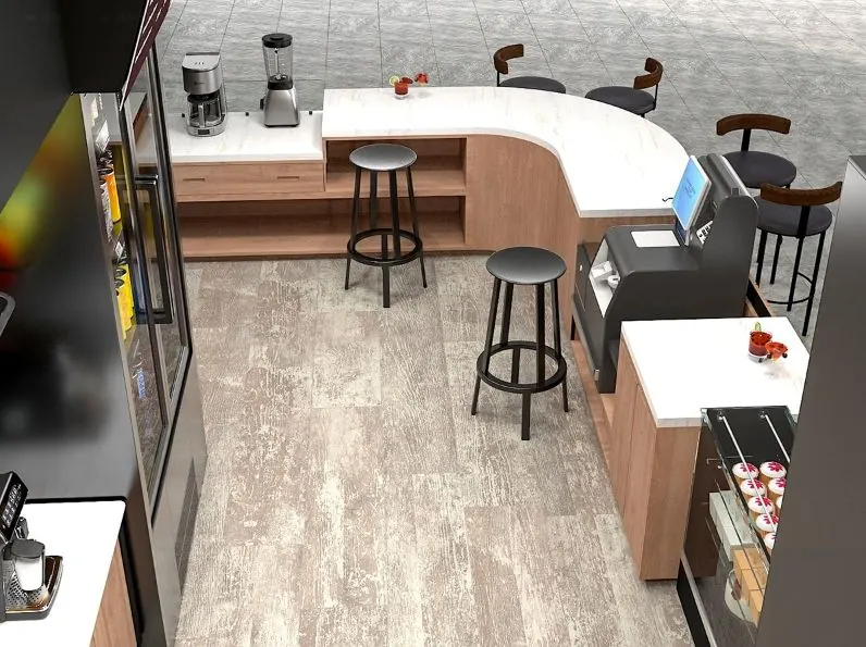 Bancone del negozio di succhi di alta gamma per centro commerciale, personalizzato con finitura in legno, banco da caffè su misura in stile legno per la vendita, vista del chiosco di succhi 2
